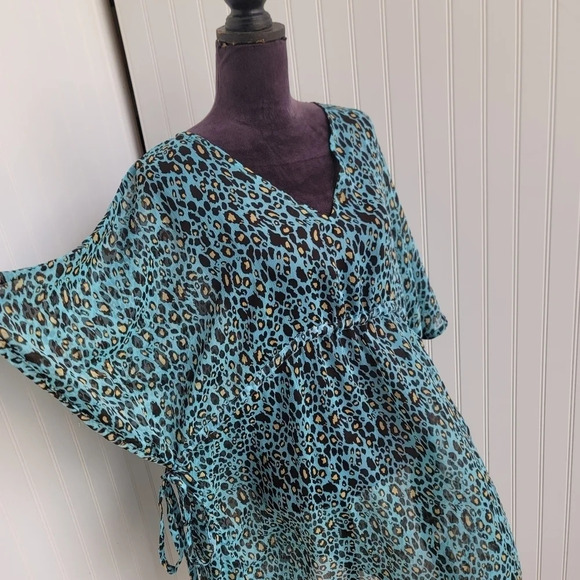 Mud Pie Womens Blue Green Brown Yellow Leopard V-Neck Swim Cover Up Tie L/ XL - Picture 14 of 14